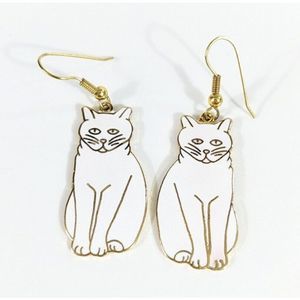 White Cat Sitting Cats Shaped Dangle Earrings Gold Toned